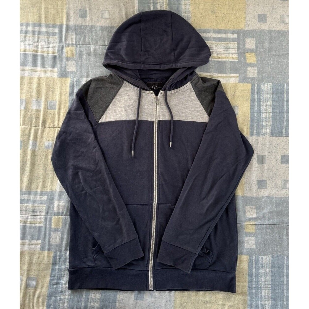 FOREVER 21 Men Navy Blue Full Zip Long Sleeve Drawstring Hoodie Men's L